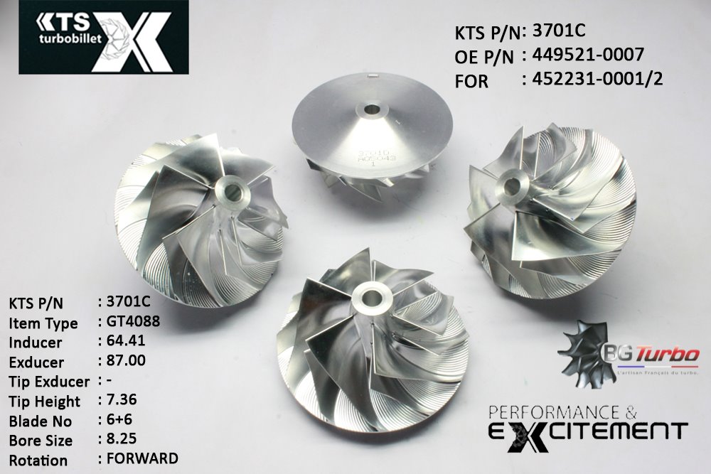 Turbo ROUE FORGÉE MFS PERFORMANCE - 6+6 PALES - INDUCER : 64,41 - EXDUCER : 87 - TYPE : GT4088ANGLE : 45° - ROTATION : Forward - SUPER BACK : 7,85 - BORE SIZE : 8,25
